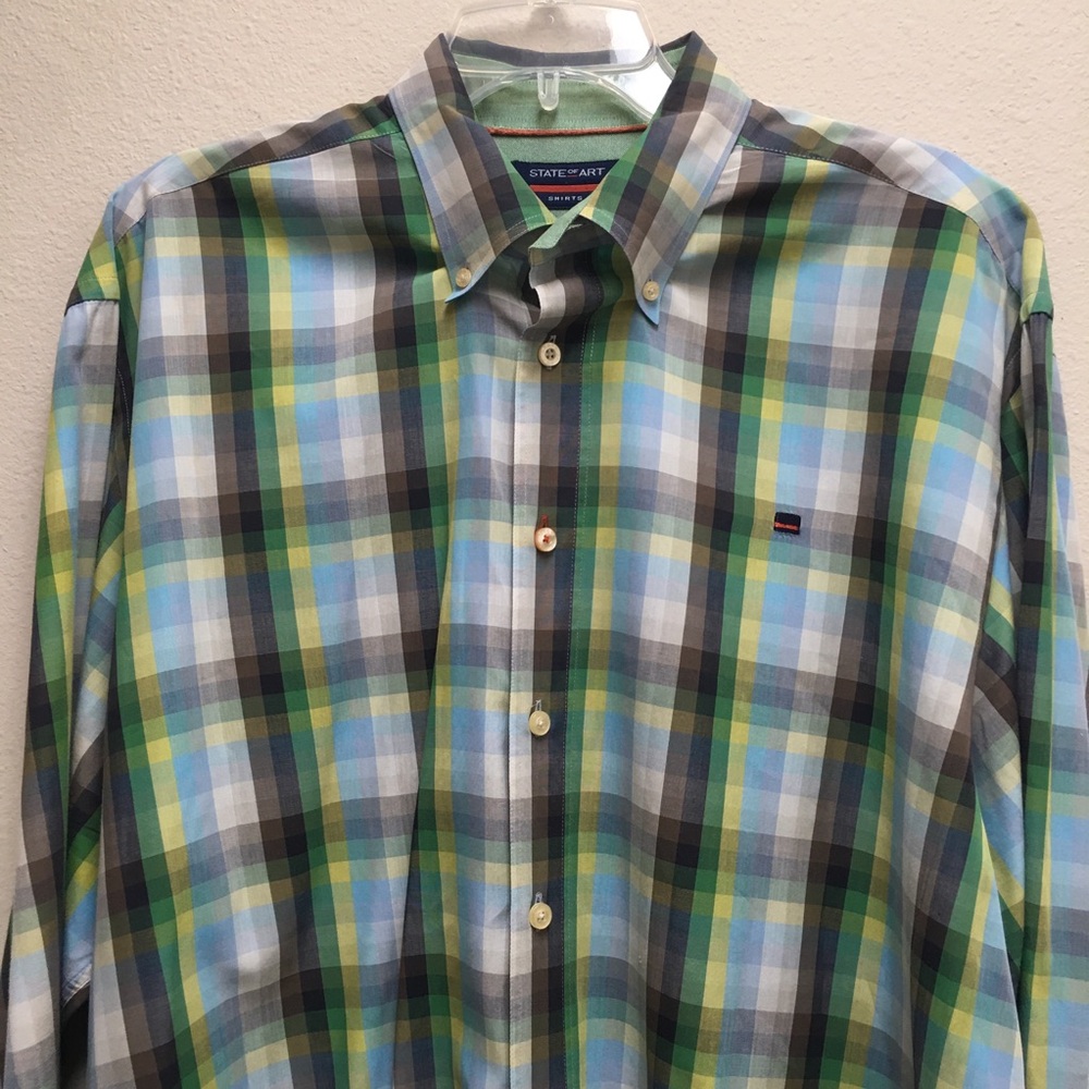 State of Art XL Men’s Plaid Colorful Blue Green Yellow Gray Button Long Sleeve